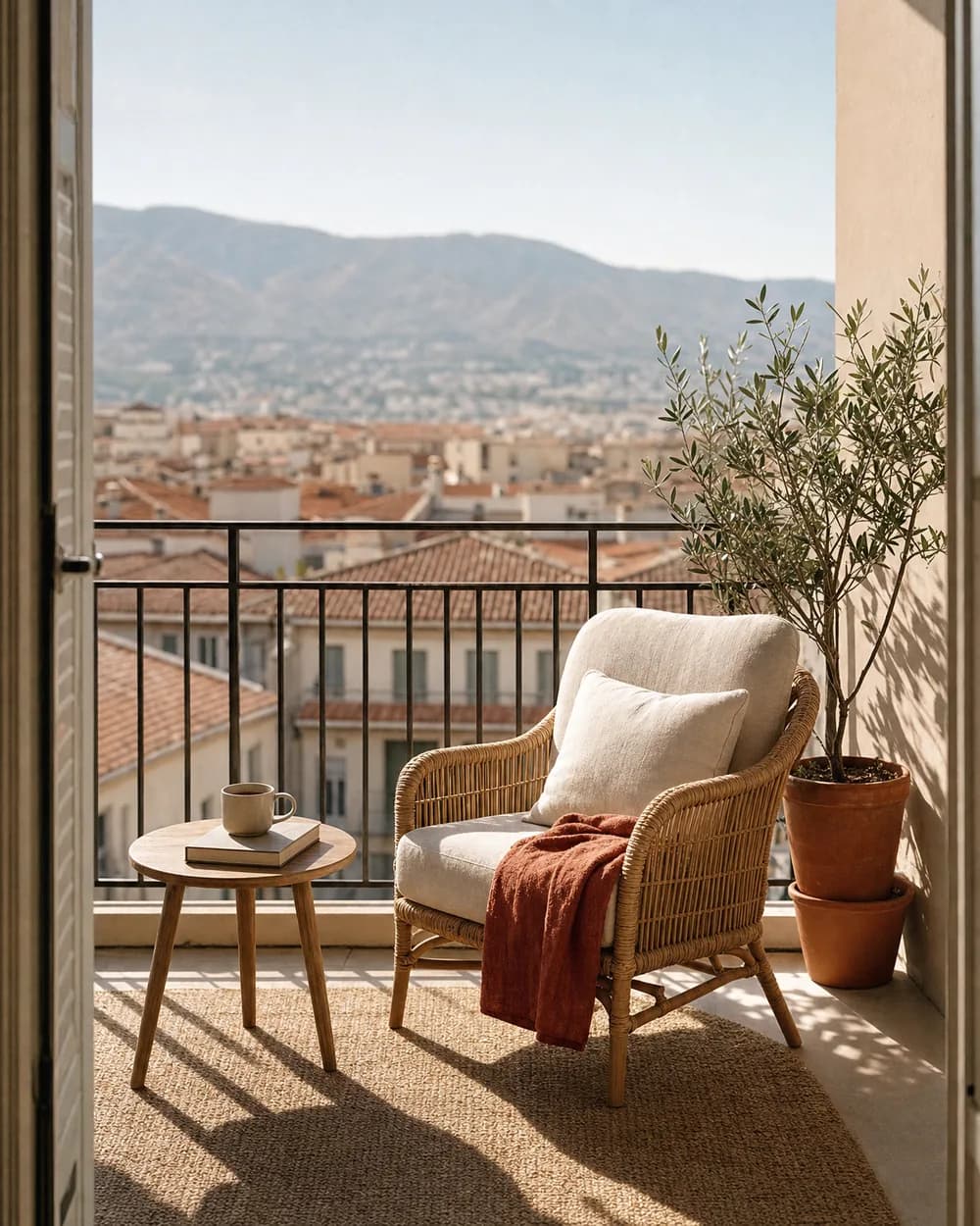 Balcon d’un appartement meublé à Challes-les-Eaux, ouvert sur les toits et le massif des Bauges