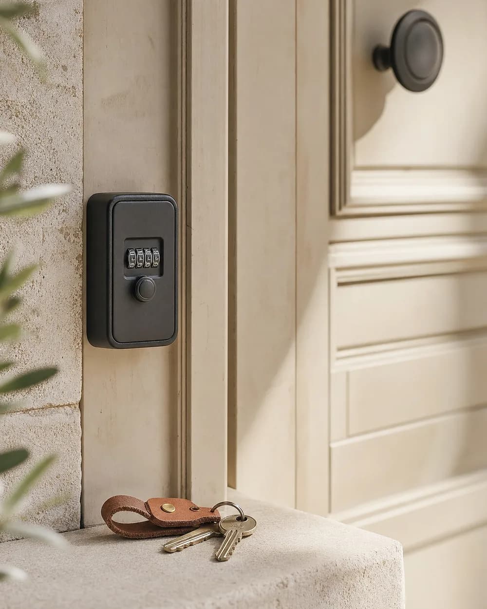 Boîte à clés sécurisée posée près de la porte d’entrée, pour l’arrivée autonome des voyageurs