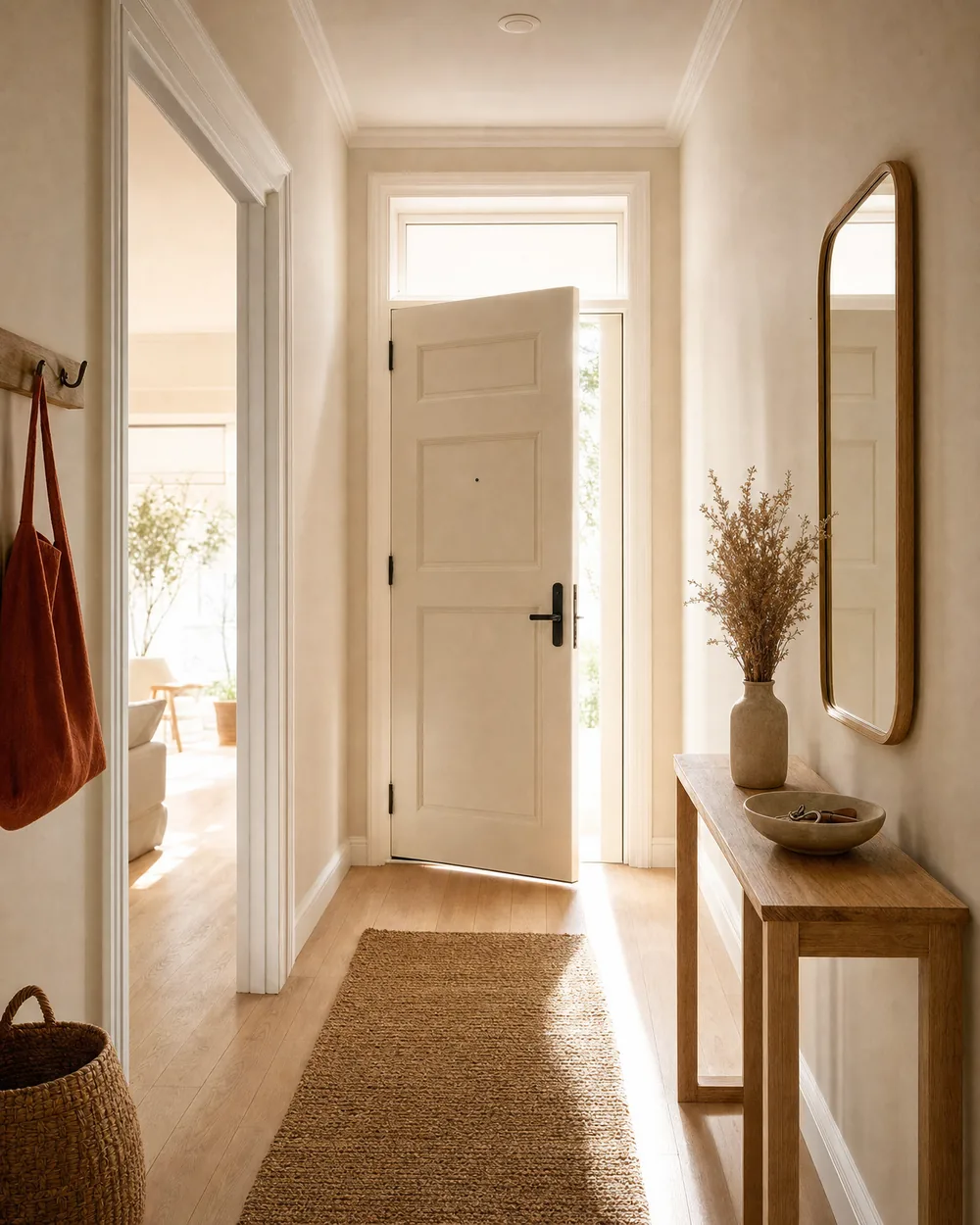 Entrée d’un appartement meublé : patère, console en bois clair et porte ouverte sur la lumière du jour