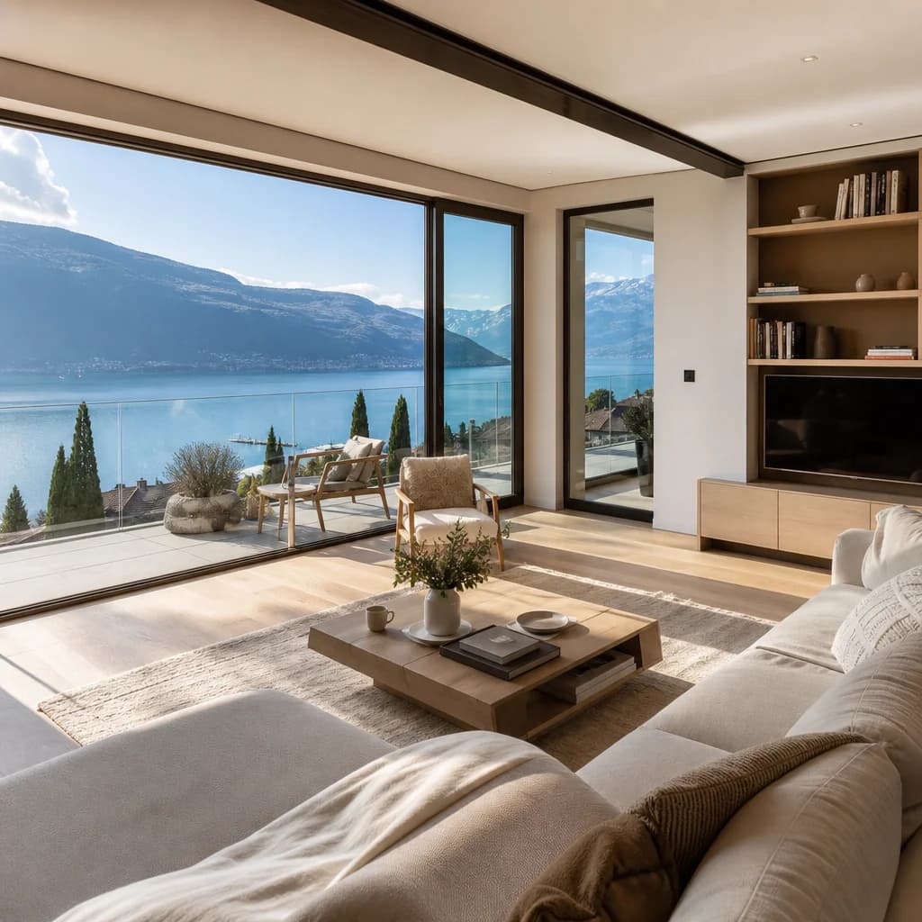 Appartement lumineux avec vue dégagée près du Lac du Bourget à Aix-les-Bains : parquet soigné, mobilier contemporain et lumière alpine naturelle