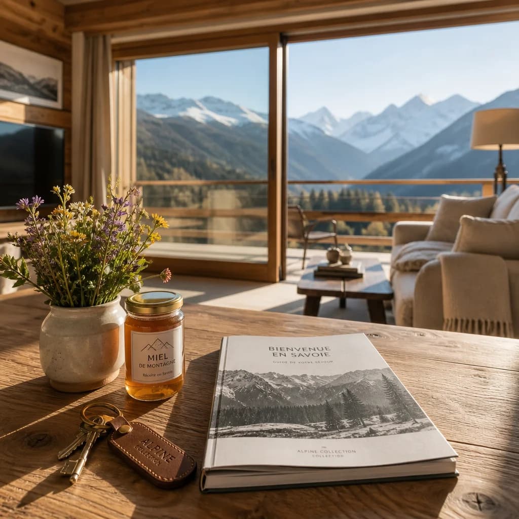 Table en bois clair dressée avec des produits savoyards et un livret d’accueil, face aux massifs