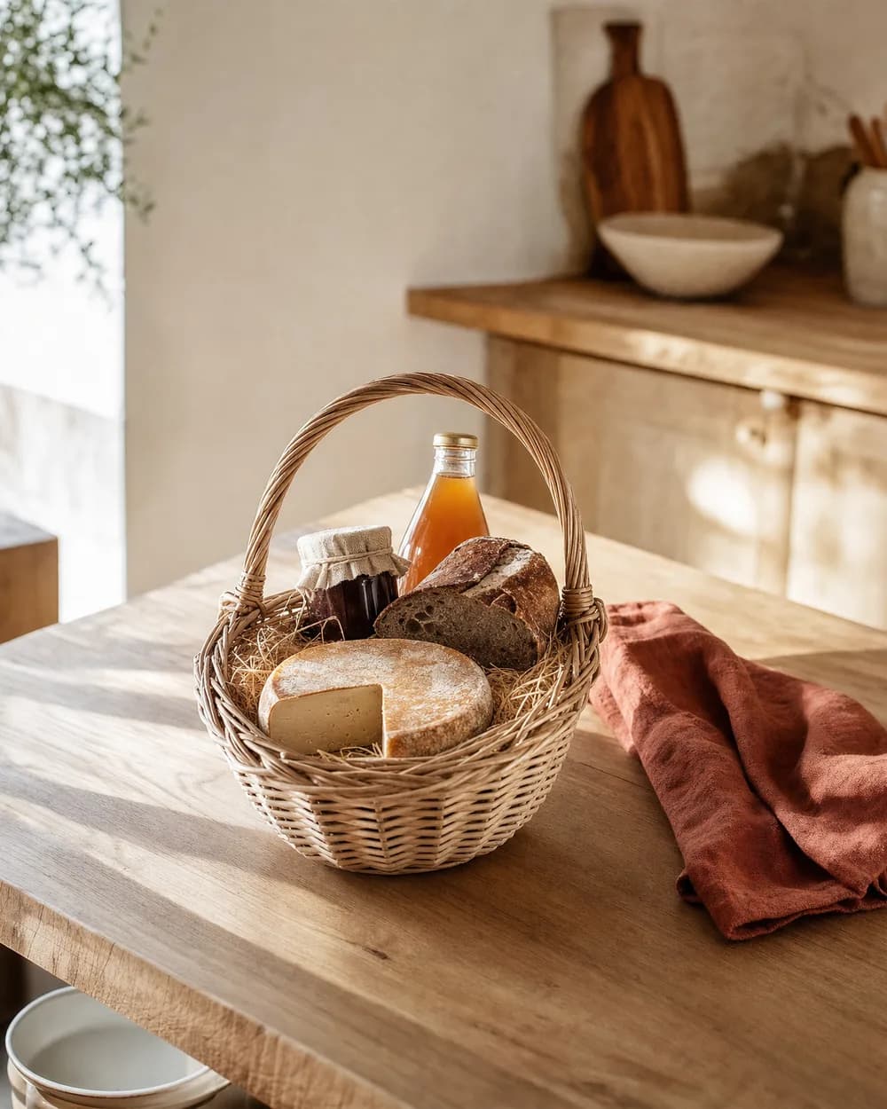 Panier d’accueil de produits savoyards, préparé avant l’arrivée des voyageurs dans une location courte durée à Chambéry