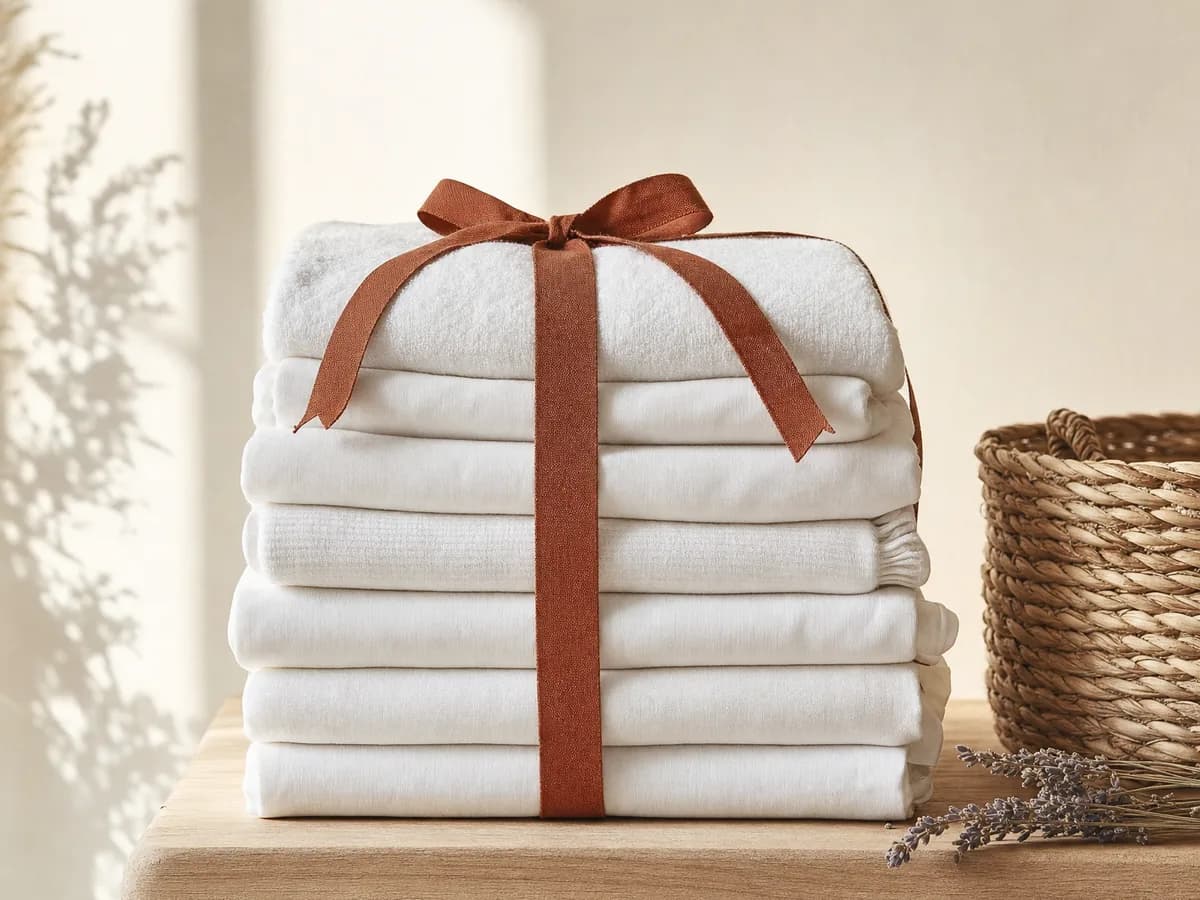 Pile de linge de maison blanc 100 % coton, plié et noué d’un ruban terre cuite, prêt à être livré