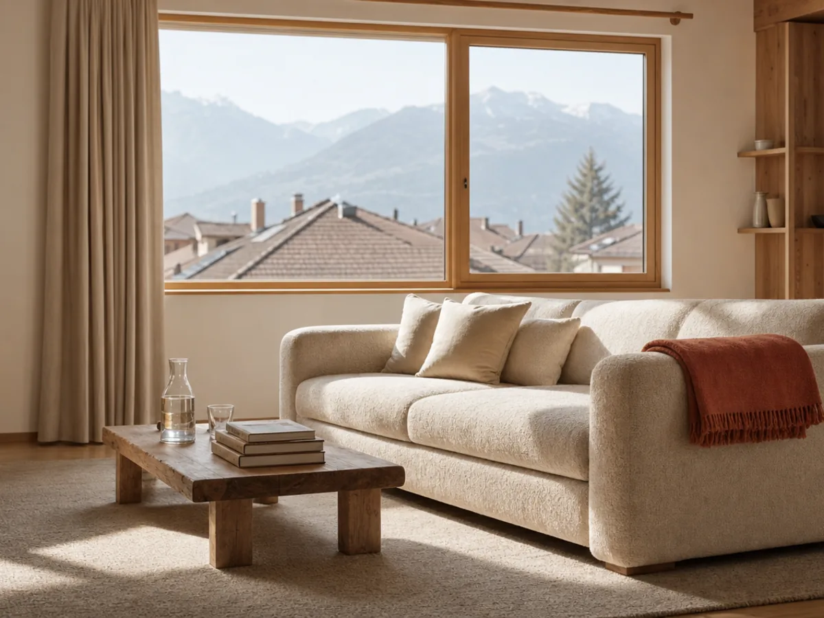 Séjour d’un appartement meublé en gestion complète à Chambéry : canapé crème, bois clair et vue sur les toits et les massifs savoyards