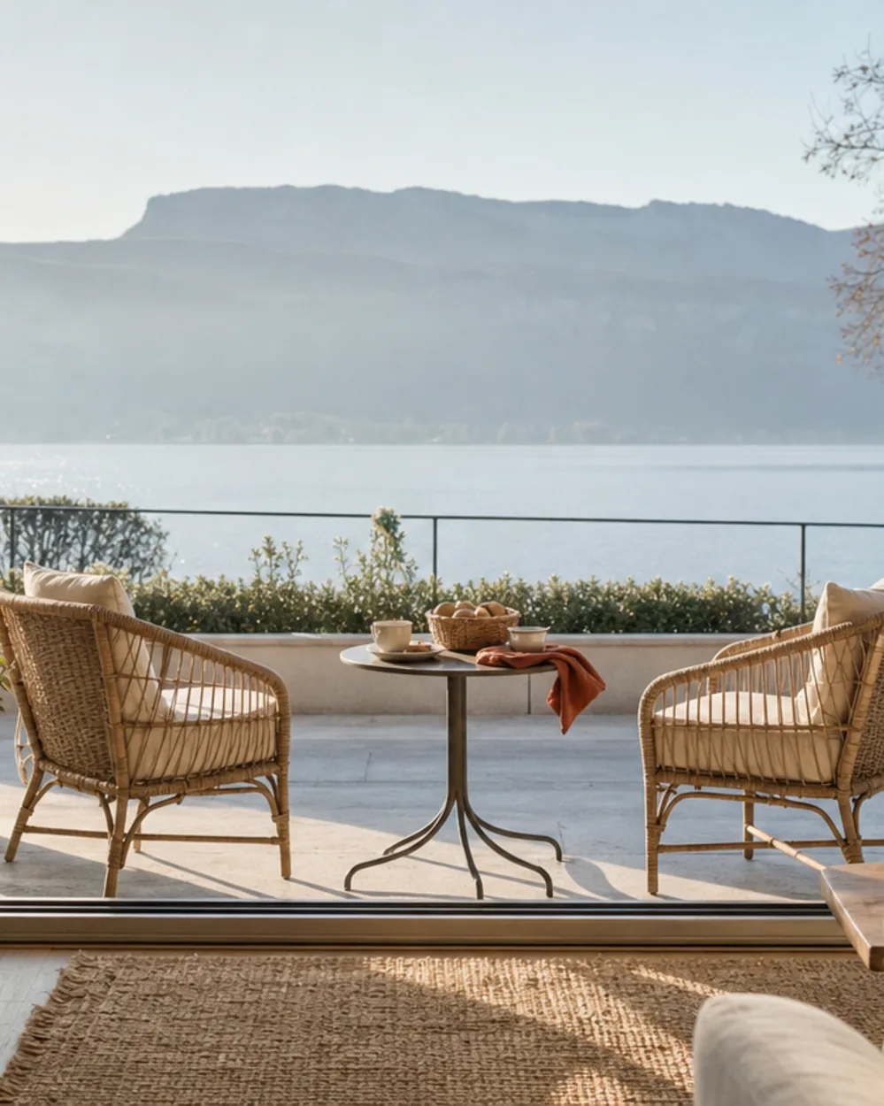 Séjour d’un appartement meublé au Bourget-du-Lac, ouvert sur une terrasse avec vue sur le lac et les montagnes